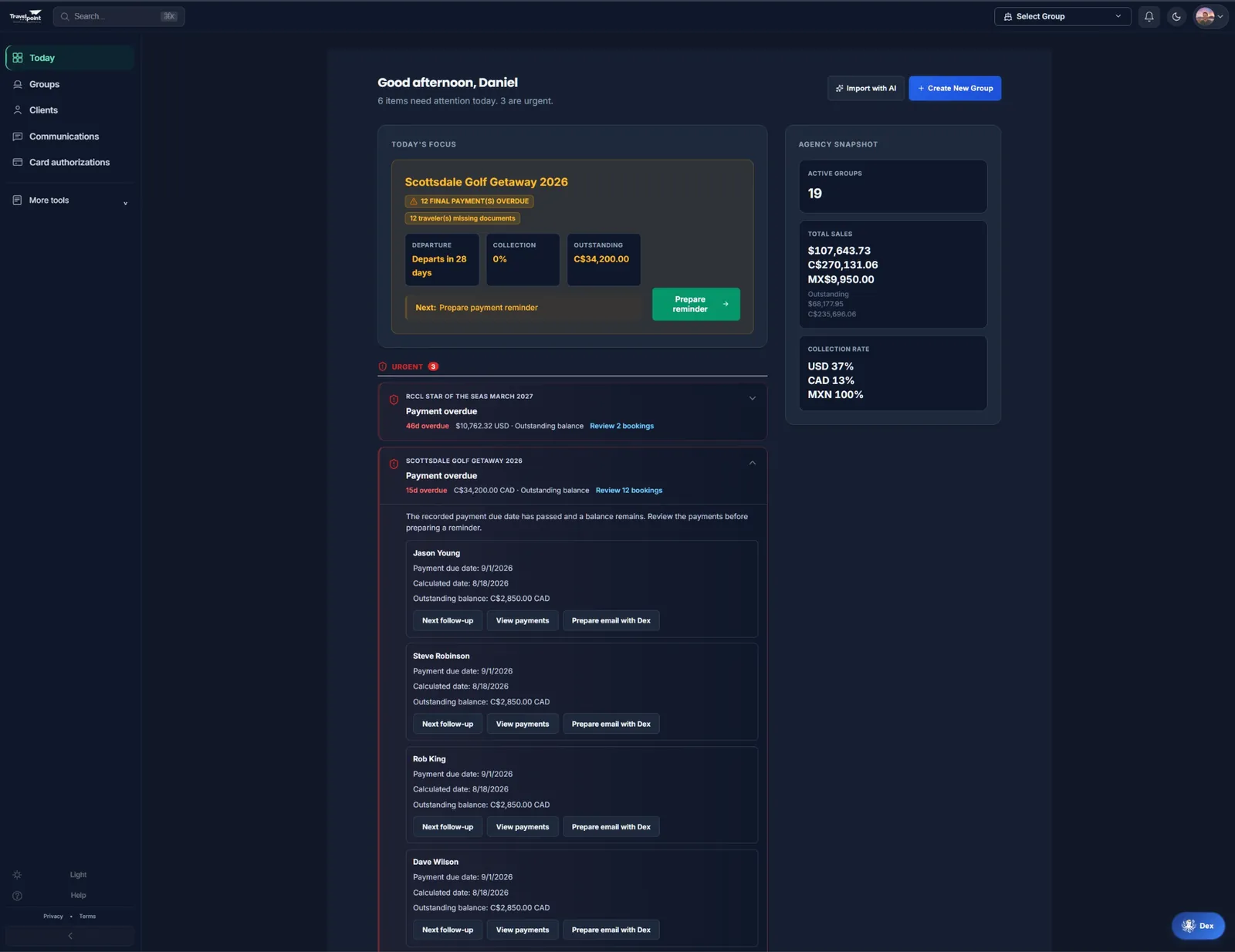GroupDeck dashboard showing active groups, daily priorities and payment follow-up
