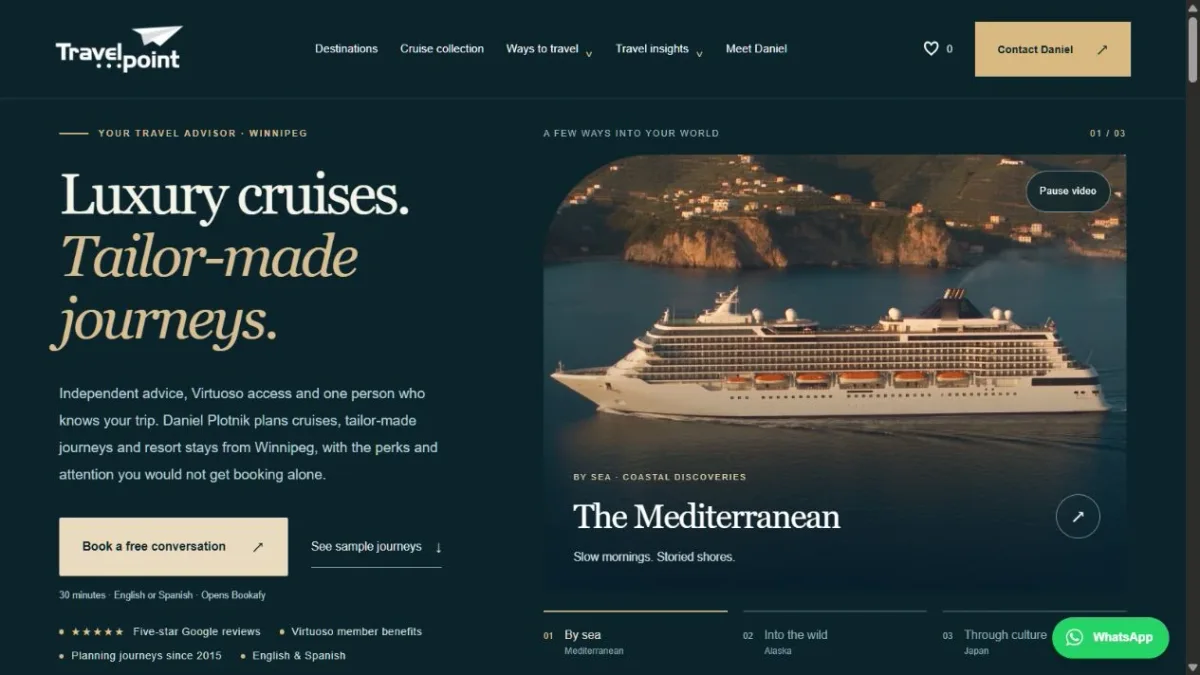 MyTravelPoint website with editorial typography, Mediterranean cruise imagery and a consultation button