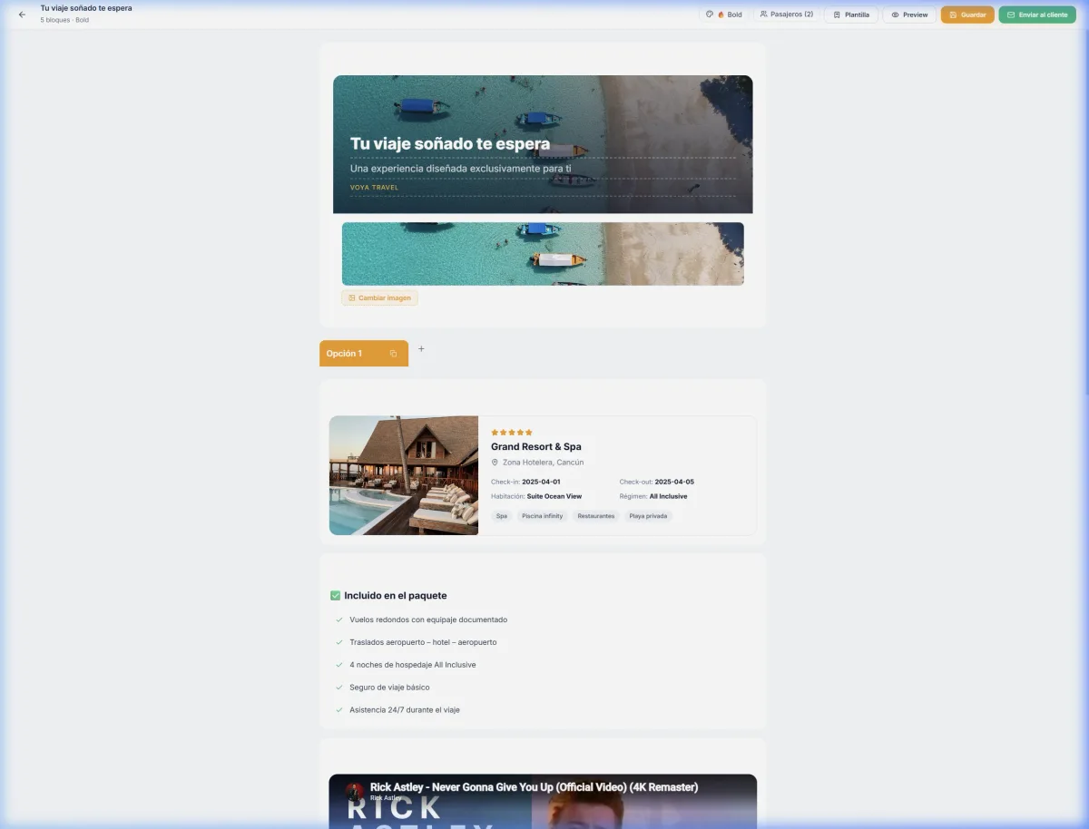 Voya’s visual quote builder with a travel proposal, destination imagery and hotel options